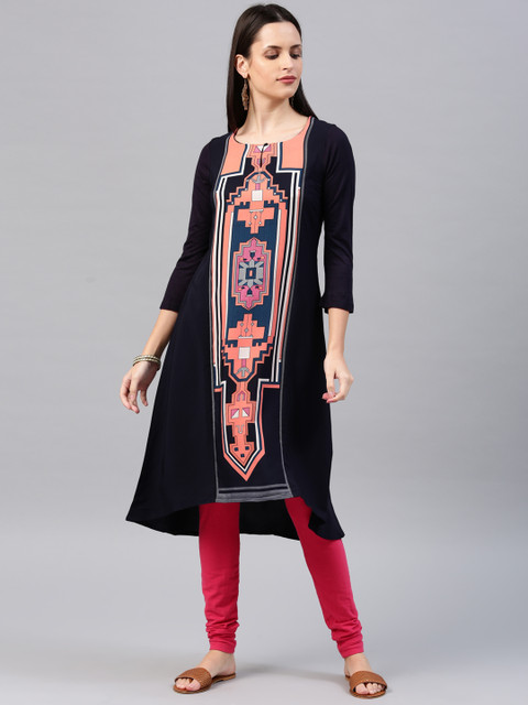 

W Women Navy Blue Printed A-Line Kurta