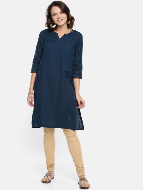 

Biba Women Navy Blue Woven Design Straight Kurta