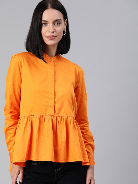 

EVAH LONDON Women Orange Solid Pleated A-Line Top