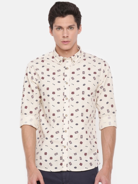 

People Men Cream-Coloured Slim Fit Printed Casual Shirt