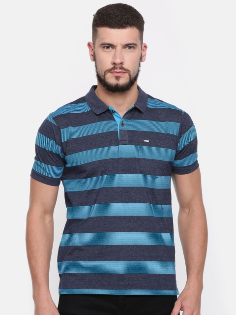 

Proline Men Blue Striped Polo Collar Pure Cotton T-shirt