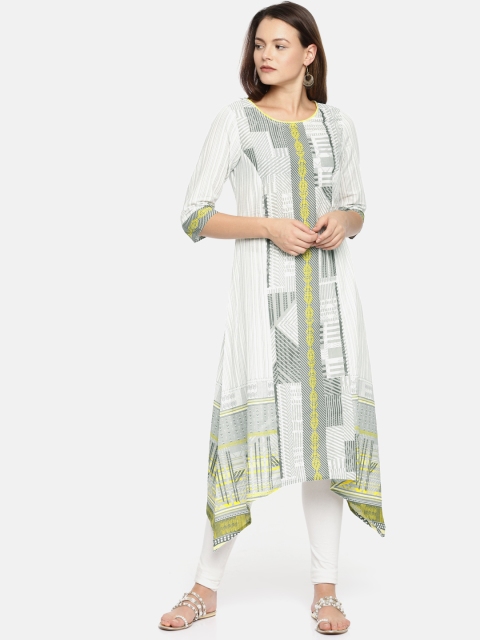 

AURELIA Women White & Grey Printed A-Line Asymmetric Kurta