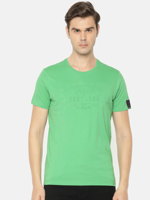 

SPYKAR Men Green Self-Design Round Neck Pure Cotton T-shirt