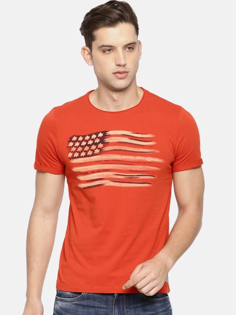 

Ed Hardy Men Orange Printed Round Neck Pure Cotton T-shirt