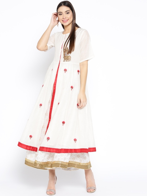 

Bhama Couture Women Off-White & Red Self Design Kurta with Skirt