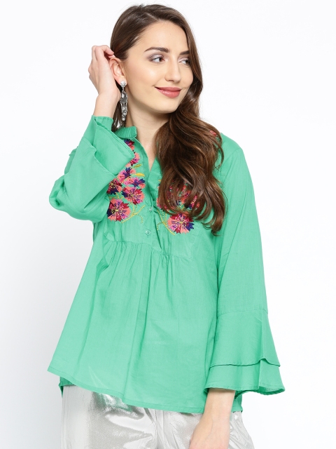

Bhama Couture Women Sea Green Embroidered A-Line Pure Cotton Top
