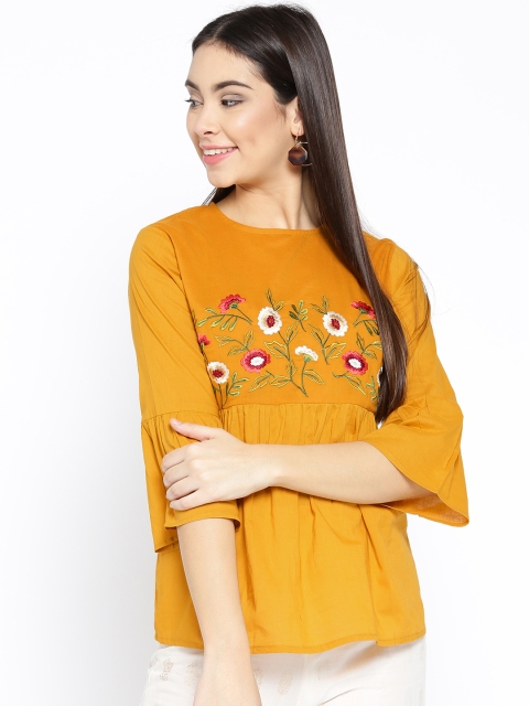 

Bhama Couture Women Mustard Yellow Embroidered Empire Pure Cotton Top