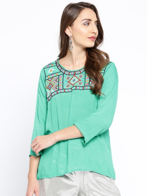 

Bhama Couture Women Sea Green Embroidered A-Line Top