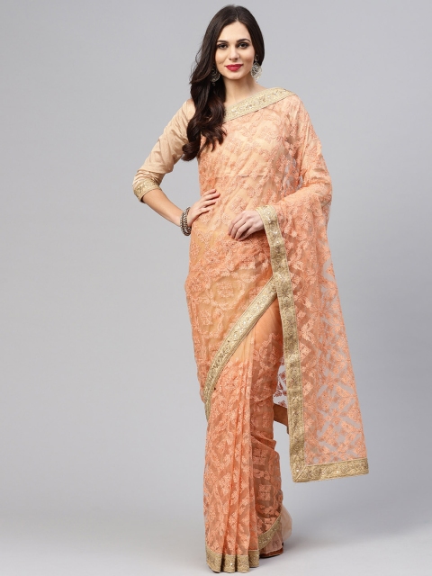 

Saree mall Peach-Coloured Net Embroidered Saree