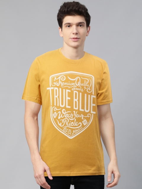 

True Blue Men Mustard Yellow & White Brand Logo Printed Round Neck T-shirt