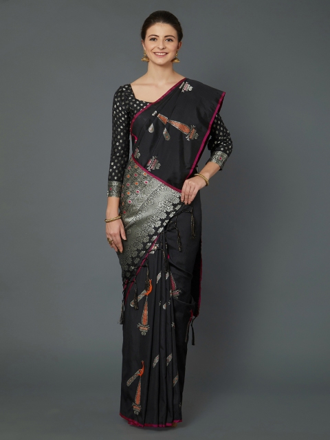 

Mitera Black Silk Blend Woven Design Kanjeevaram Saree