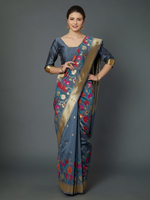 

Mitera Grey Silk Blend Woven Design Kanjeevaram Saree