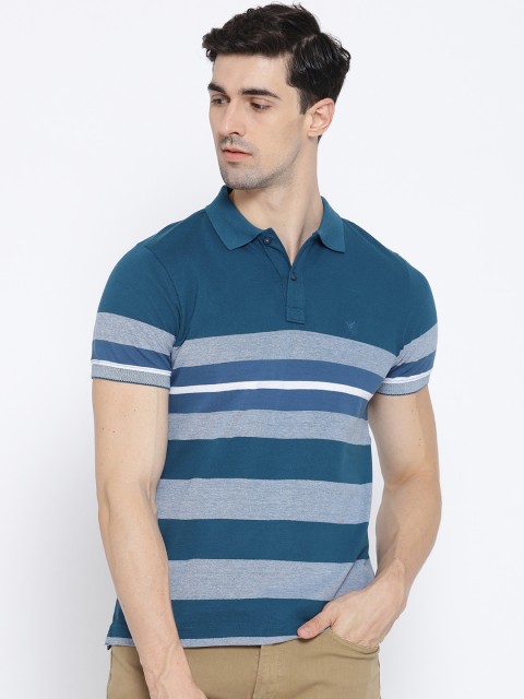 

Blackberrys Men Teal Blue Striped Polo Collar T-shirt