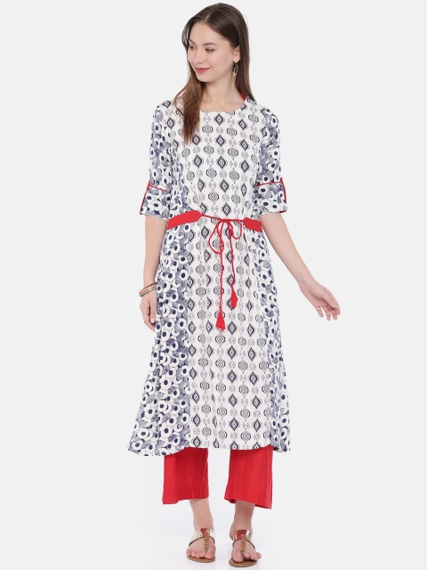 

Divina Women White & Navy Printed A-Line Kurta