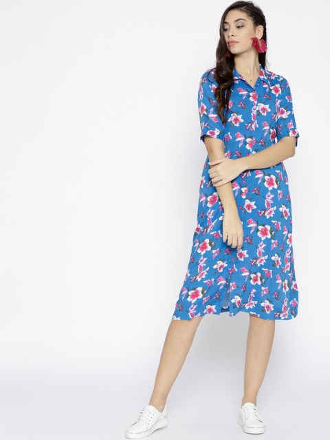 

Ayaany Women Blue & Pink Printed Shirt Dress