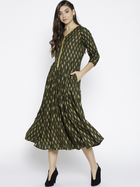 

Ayaany Women Olive Green & Golden Printed A-Line Dress