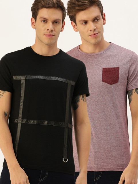 

People Pack of 2 Men Black & Mauve-colored Solid Round Neck T-shirt
