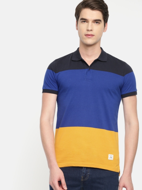 

United Colors of Benetton Men Blue & Mustard Yellow Colourblocked Polo Collar T-shirt