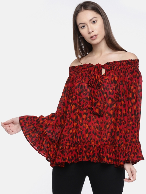 

Antheaa Women Red & Black Printed Bardot Top
