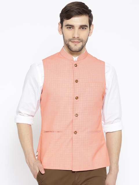 

Shaftesbury London Men Orange & Blue Self Checked Slim Fit Nehru Jacket