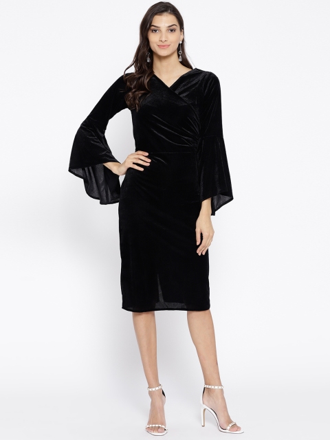 

Athena Women Black Solid Velvet Finish Wrap Dress