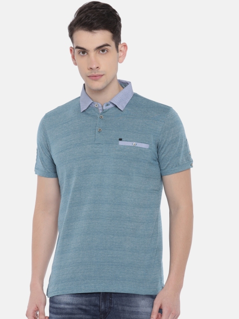 

True Blue Men Turquoise Blue Striped Polo Collar T-shirt