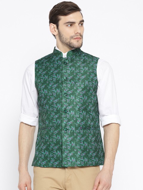 

Shaftesbury London Men Green & Blue Self Design Slim Fit Nehru Jacket