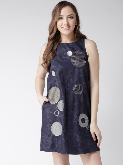 

pinwheel Women Navy Printed Embroidered A-Line Dress, Navy blue