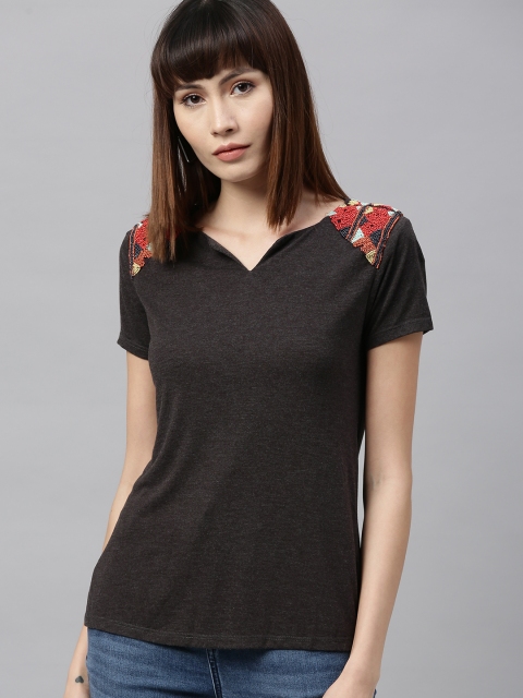 

Vero Moda Women Charcoal Grey Solid Regular Top with Embellished Detail
