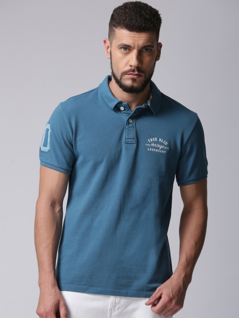 

True Blue Men Turquoise Blue Solid Polo T-shirt