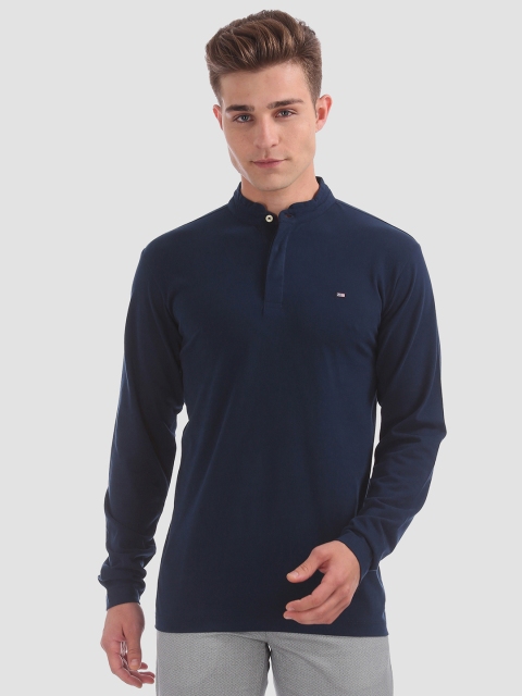 

Arrow Sport Men Navy Blue Solid Mandarin Collar T-shirt