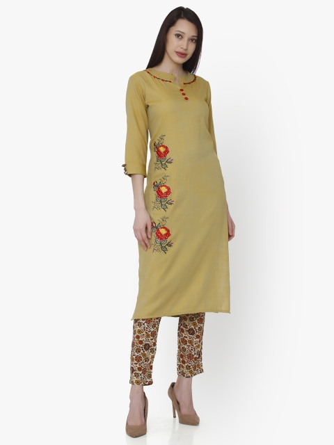 

RAISIN Women Yellow Embroidered Kurti with Trousers