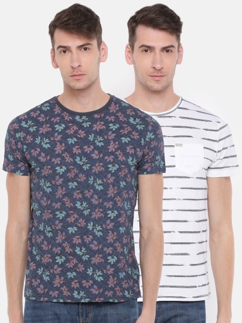 

People Men White Striped Round Neck T-shirt