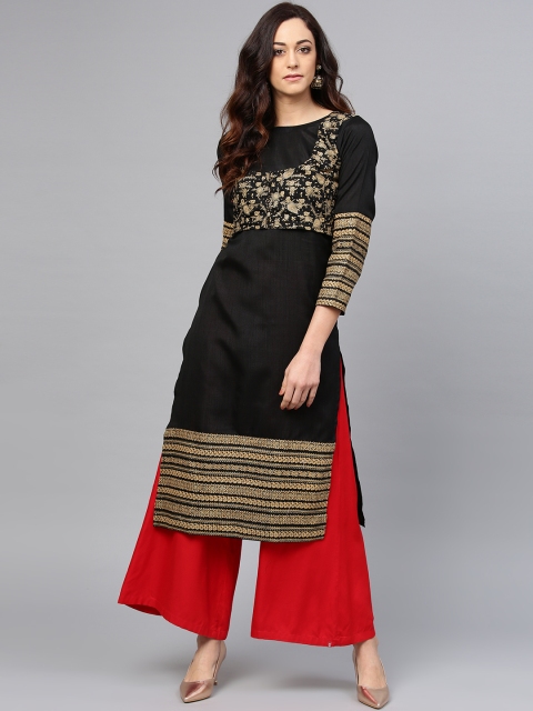 

Ahalyaa Women Black & Golden Printed Straight Kurta