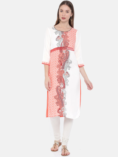 

AURELIA Women Off-White & Peach-Coloured Printed Straight Kurta