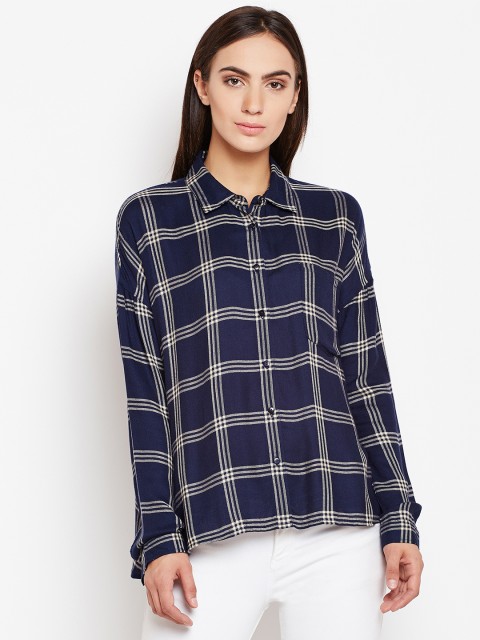 

Nun Women Navy Blue & Off-White Regular Fit Checked Casual Shirt