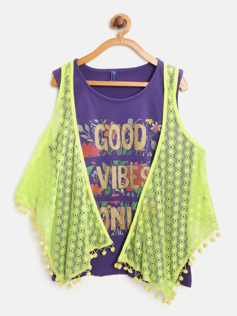 

612 league Girls Purple & Fluorescent Green Printed Top with Lace Shrug