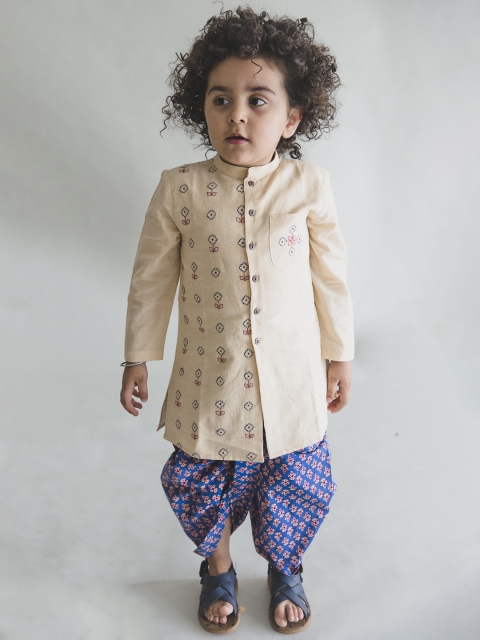 

Tiber Taber Boys Beige & Navy Blue Embroidered Kurta with Dhoti Pants