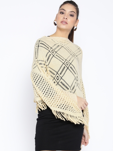 

HK colours of fashion Women Beige Open Knit Fringed Woollen Poncho