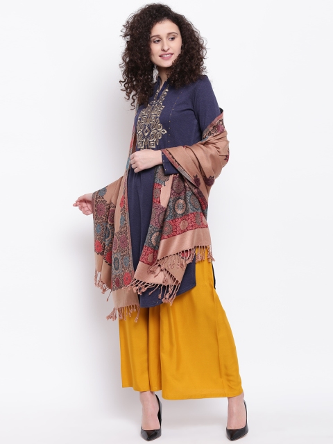 

HK colours of fashion Brown & Teal Blue Woven Design Shawl