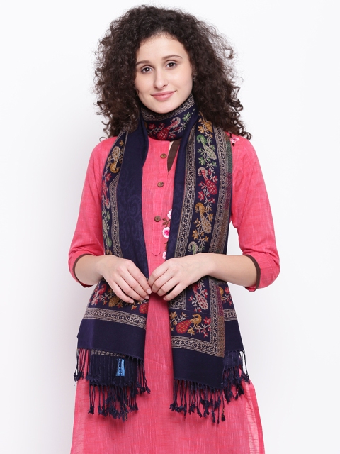 

HK colours of fashion Women Navy Blue Woven Design Stole