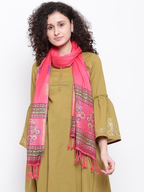 

HK colours of fashion Women Coral Pink & Green Woven Design Stole