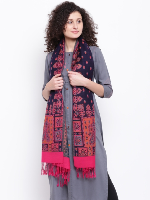 

HK colours of fashion Women Navy Blue & Magenta Woven Design Stole