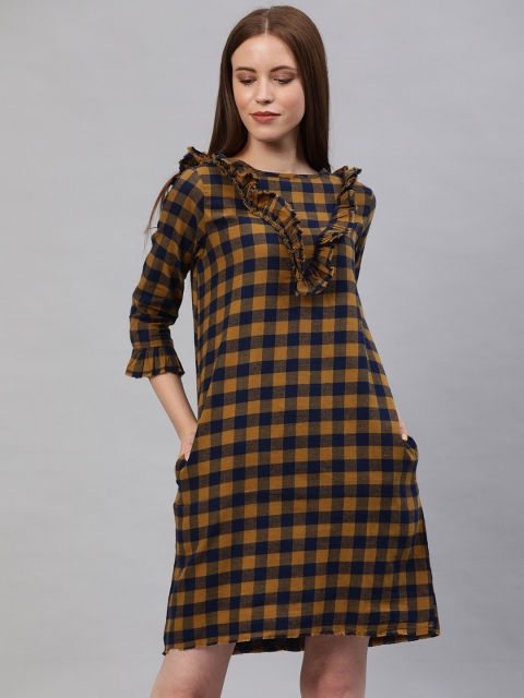 

EVAH LONDON Women Mustard Yellow & Navy Blue Checked A-Line Dress With Ruffles