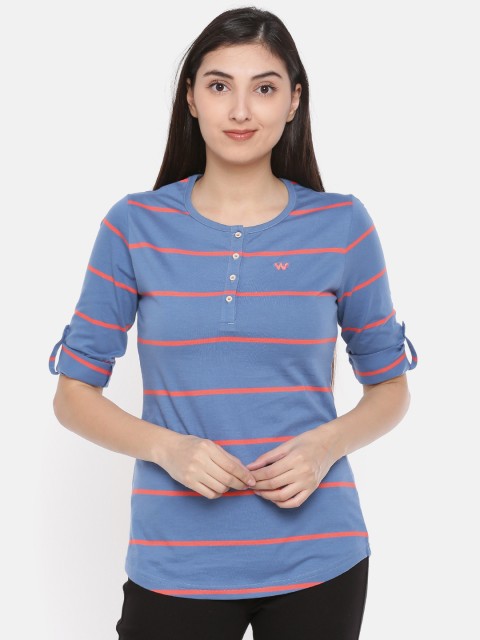 

Wildcraft Women Blue & Coral Pink Striped Round Neck T-shirt