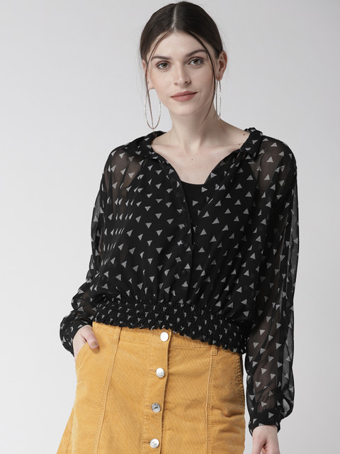 

QUIERO Women Black & Off-White Printed Sheer Blouson Top