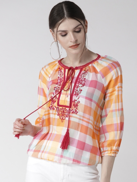 

QUIERO Women Coral Orange & Pink Checked Blouson Top