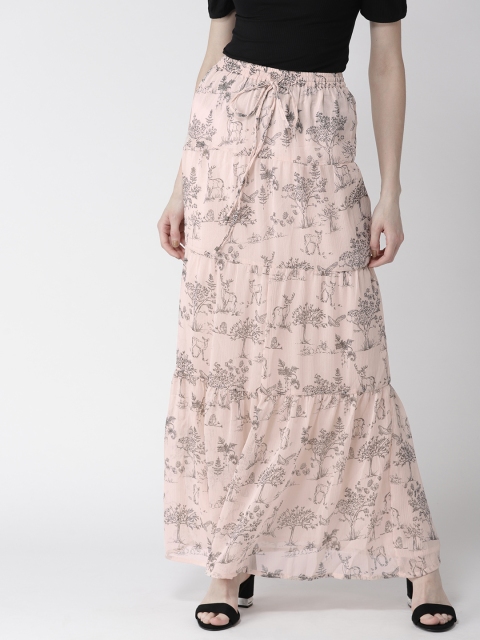 

QUIERO Women Pink & Grey Printed Maxi Tiered Skirt, Peach