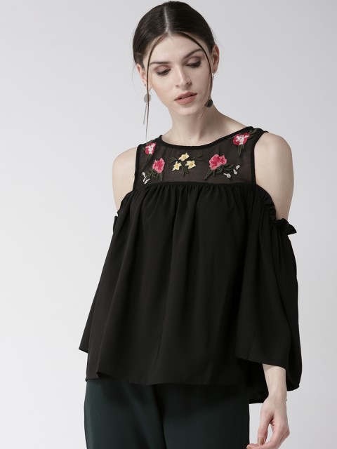 

QUIERO Women Black Solid Cold-Shoulder A-Line Top