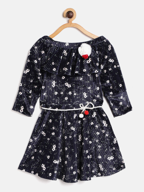 

Tiny Girl Navy Blue & White Floral Print Velvet Finish A-Line Dress with Belt